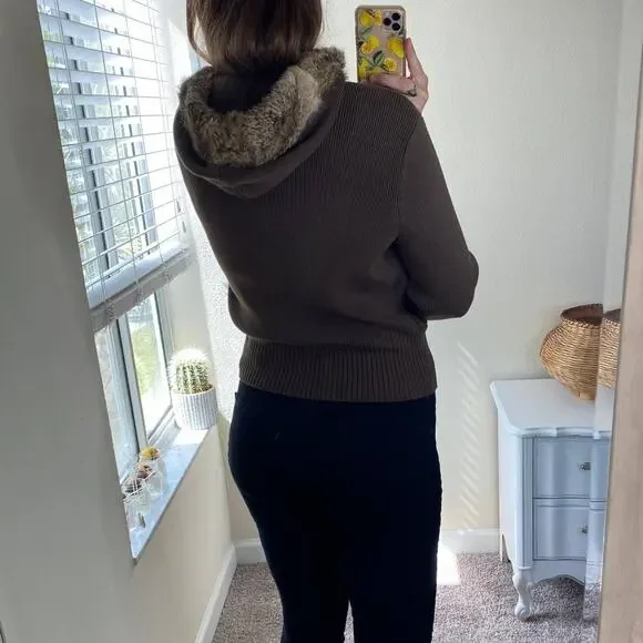 Nine & Co brown full zip sweater jacket with rabbit fur hood size large - Picture 4 of 8